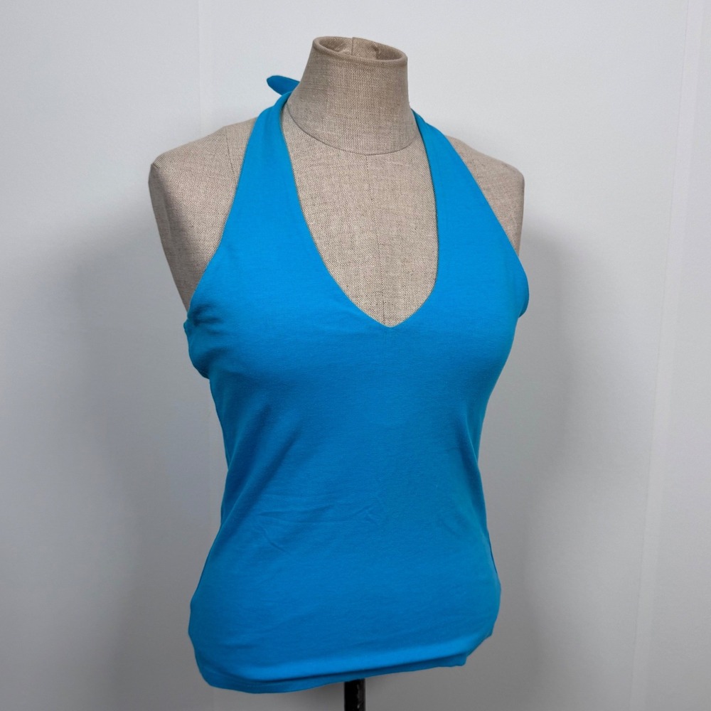 VTG Y2K Turquoise Blue V-Neck Halter Top Coconut Girl Surf Festival Summer Beach